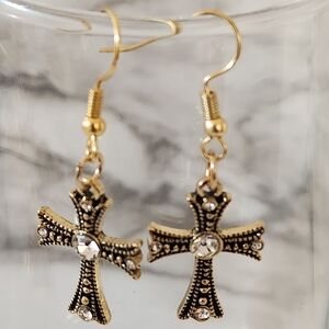 Hand Crafted Elegant Gold Cross Pierced Earrings